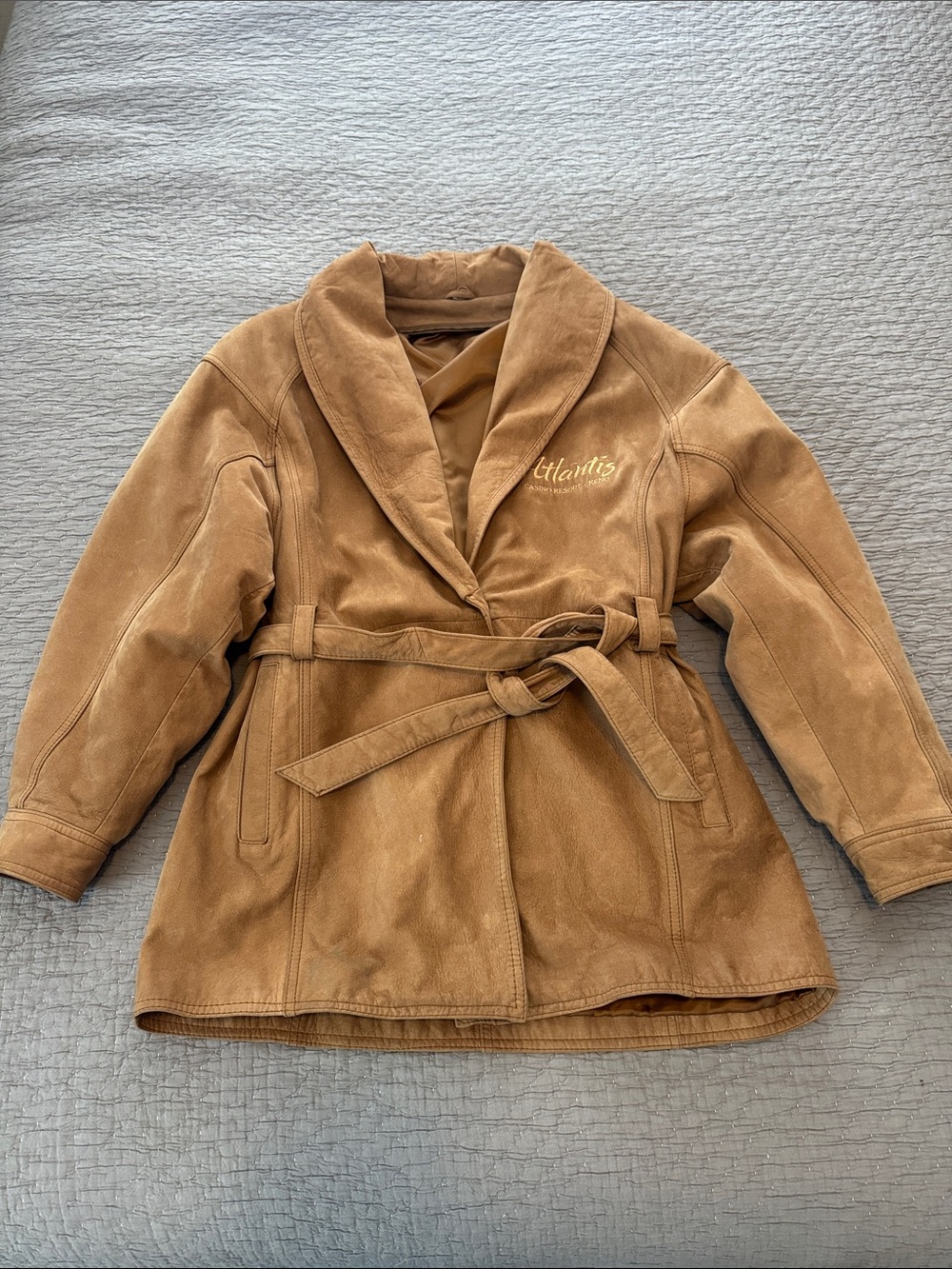 Vintage Leather Belted Jacket w/ Atlantis Casino Embroidery